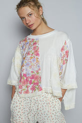POL Floral Lace Patch Round Neck Double Gauze Top OutfitFlow